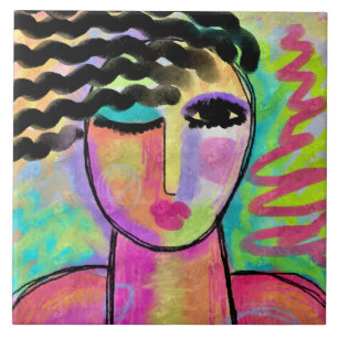 Colourful Abstract Digital Portrait of a Woman Tile