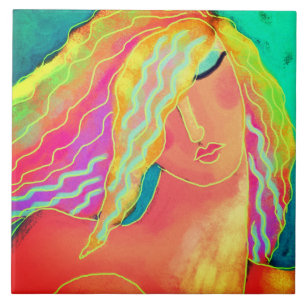 Colourful Abstract Digital Portrait of a Woman Tile