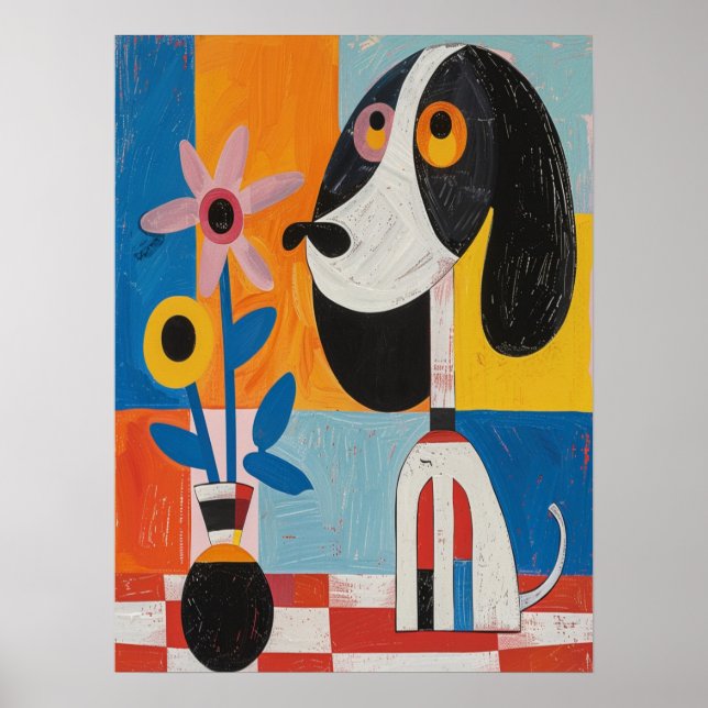 Colourful Abstract Dog Flowers Nursery Painting Poster (Front)