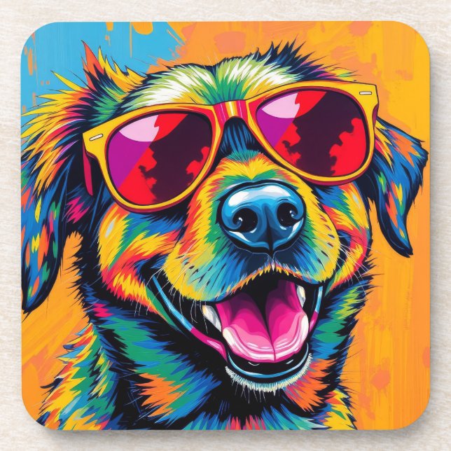 Colourful Abstract Dog with Sunglasses Coaster (Front)