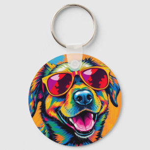 Colourful Abstract Dog with Sunglasses Key Ring