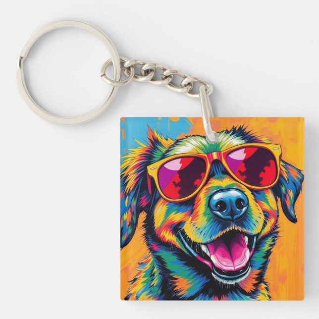 Colourful Abstract Dog with Sunglasses Key Ring (Front)