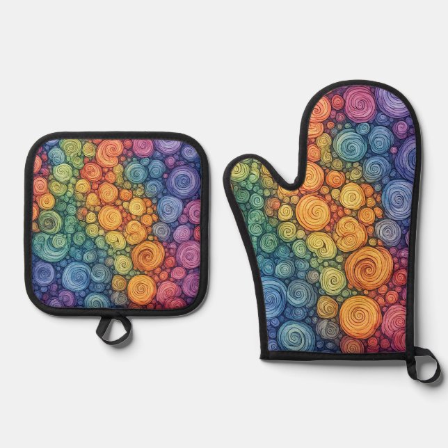 Colourful Abstract Doodle Swirl Pattern Oven Mitt & Pot Holder Set (Front)