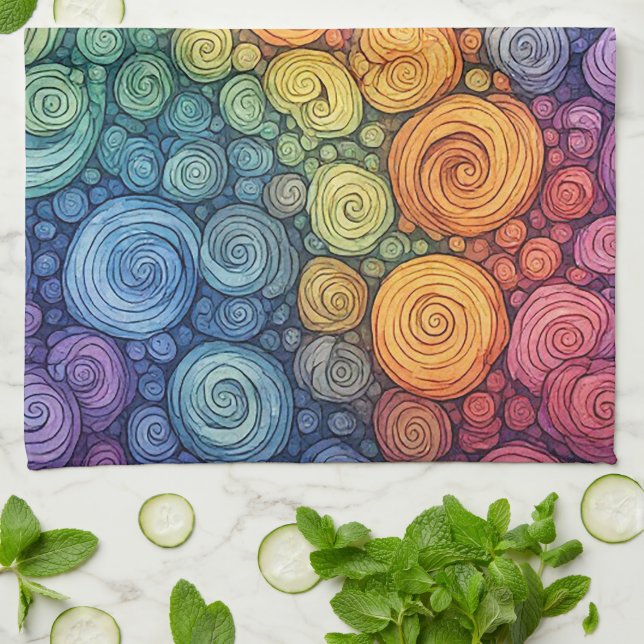 Colourful Abstract Doodle Swirl Pattern Tea Towel (Folded)