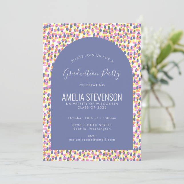 Colourful Abstract Dots Graduation Party Photo Invitation (Standing Front)
