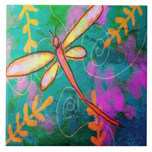 Colourful Abstract Dragonfly Painting Tile (Front)