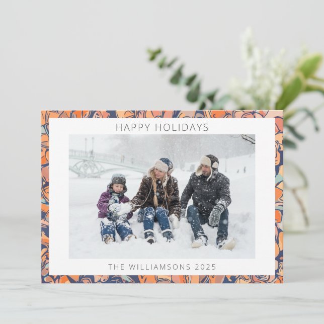 Colourful Abstract Earthy Blue Border Family Photo Holiday Card (Standing Front)