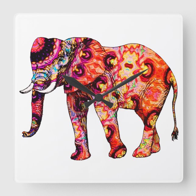 Colourful abstract elephant square wall clock (Front)