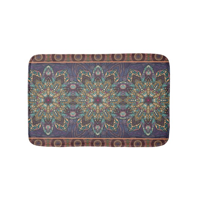 Colourful abstract ethnic floral mandala pattern bath mat (Front)