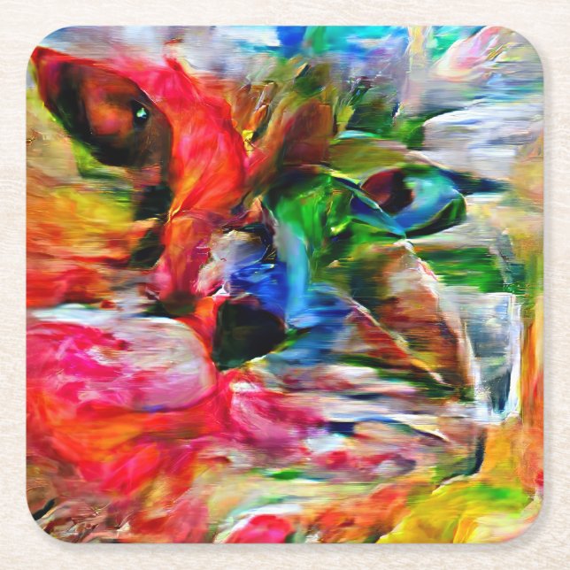 Colourful Abstract Expressionist Cat Art Print" Square Paper Coaster (Front)