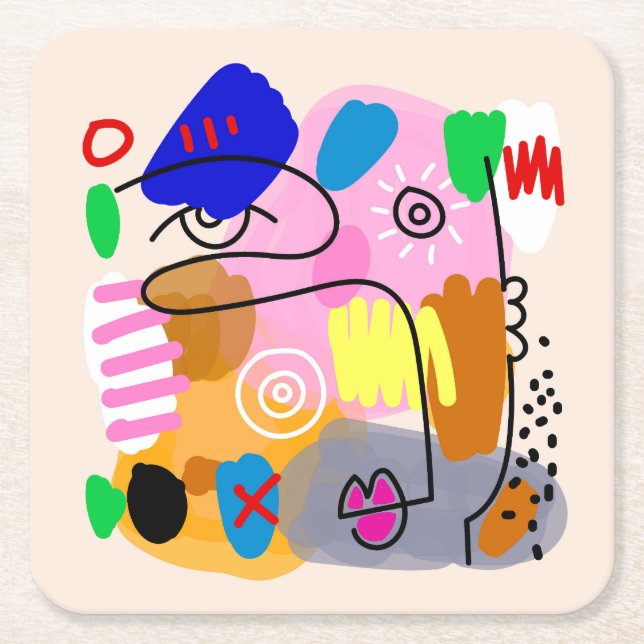 Colourful Abstract Face Shapes Sketch Square Paper Coaster (Front)