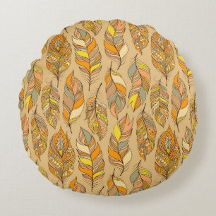 Colourful Abstract Feathers: Vintage Pattern Round Cushion