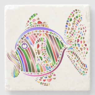 Colourful Abstract Fish Mosaic Art Stone Coaster