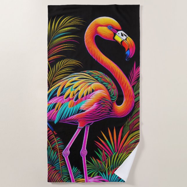 Colourful Abstract Flamingo Drawing Beach Towel (Front)