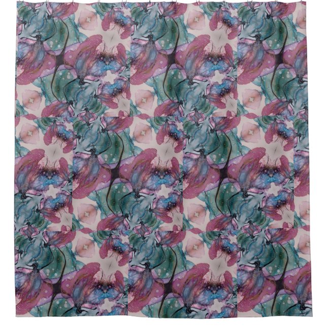 colourful abstract Floral painted pink, green  Shower Curtain (Front)