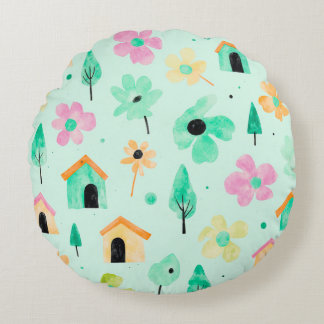 Colourful Abstract Floral Round Pillow