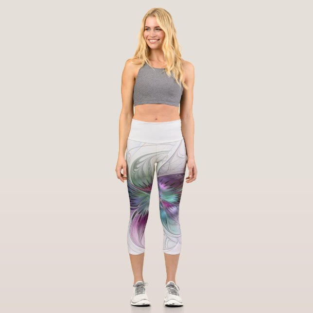 Colourful Abstract Flower Modern Floral Fractal Ar Capri Leggings (Front)