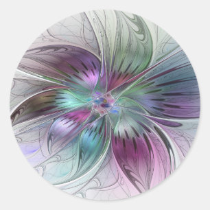 Colourful Abstract Flower Modern Floral Fractal Ar Classic Round Sticker