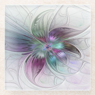 Colourful Abstract Flower Modern Floral Fractal Ar Glass Coaster