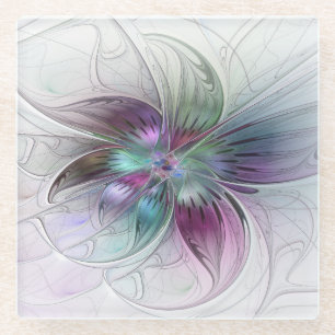 Colourful Abstract Flower Modern Floral Fractal Ar Glass Coaster