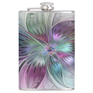 Colourful Abstract Flower Modern Floral Fractal Ar Hip Flask