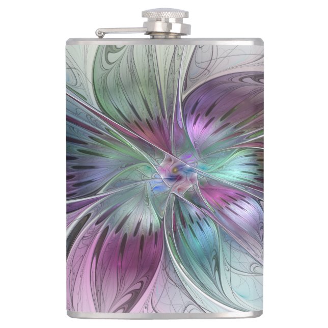 Colourful Abstract Flower Modern Floral Fractal Ar Hip Flask (Front)