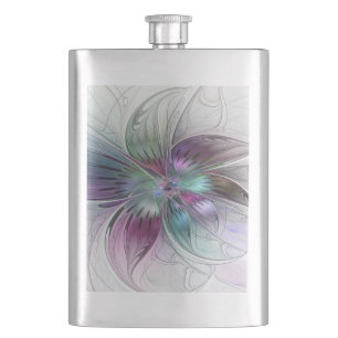 Colourful Abstract Flower Modern Floral Fractal Ar Hip Flask