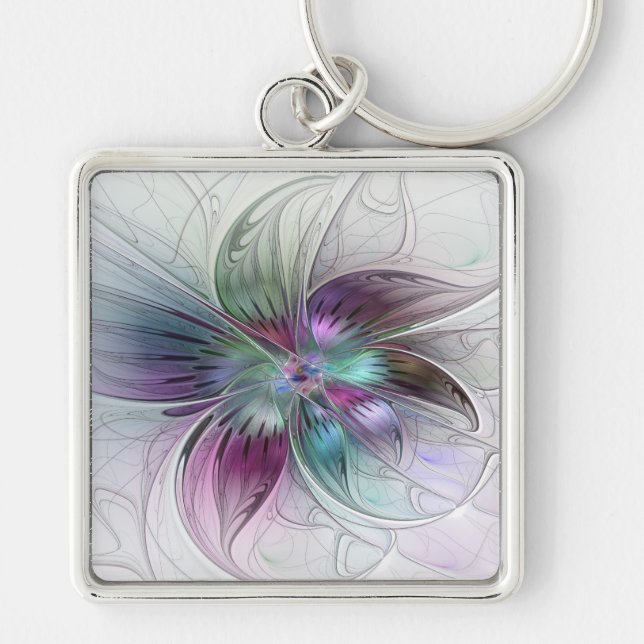 Colourful Abstract Flower Modern Floral Fractal Ar Key Ring (Front)