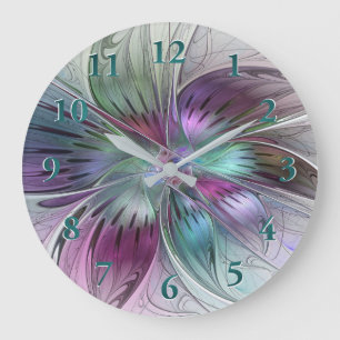 Colourful Abstract Flower Modern Floral Fractal Ar Large Clock