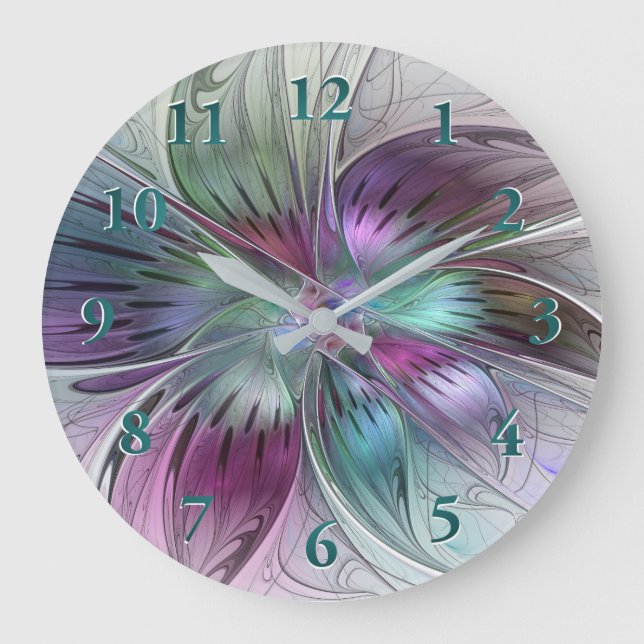 Colourful Abstract Flower Modern Floral Fractal Ar Large Clock (Front)