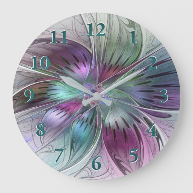 Colourful Abstract Flower Modern Floral Fractal Ar Large Clock (Front)