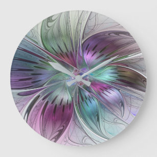 Colourful Abstract Flower Modern Floral Fractal Ar Large Clock