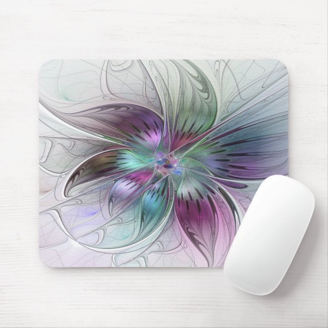 Colourful Abstract Flower Modern Floral Fractal Ar Mouse Mat (With Mouse)