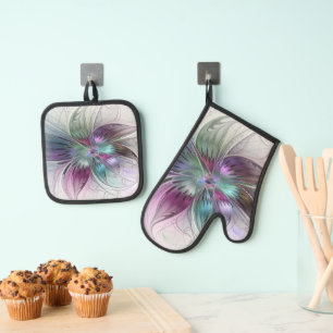 Colourful Abstract Flower Modern Floral Fractal Ar Oven Mitt & Pot Holder Set
