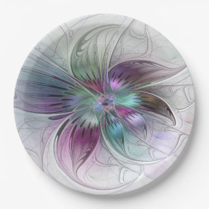 Colourful Abstract Flower Modern Floral Fractal Ar Paper Plate