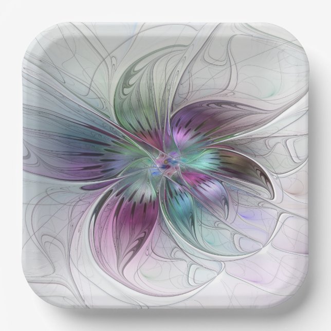 Colourful Abstract Flower Modern Floral Fractal Ar Paper Plate (Front)