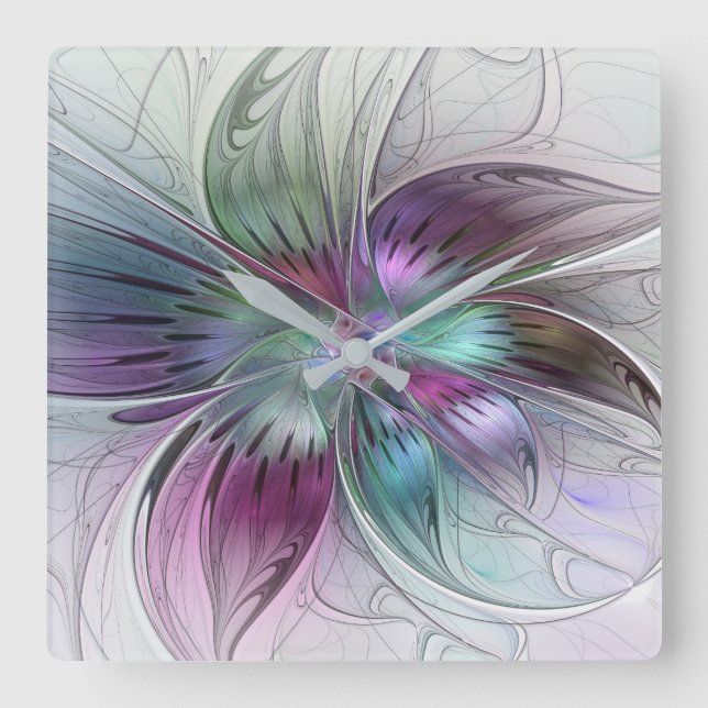 Colourful Abstract Flower Modern Floral Fractal Ar Square Wall Clock (Front)