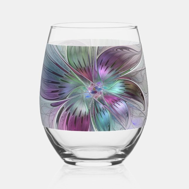 Colourful Abstract Flower Modern Floral Fractal Ar Stemless Wine Glass (Front)