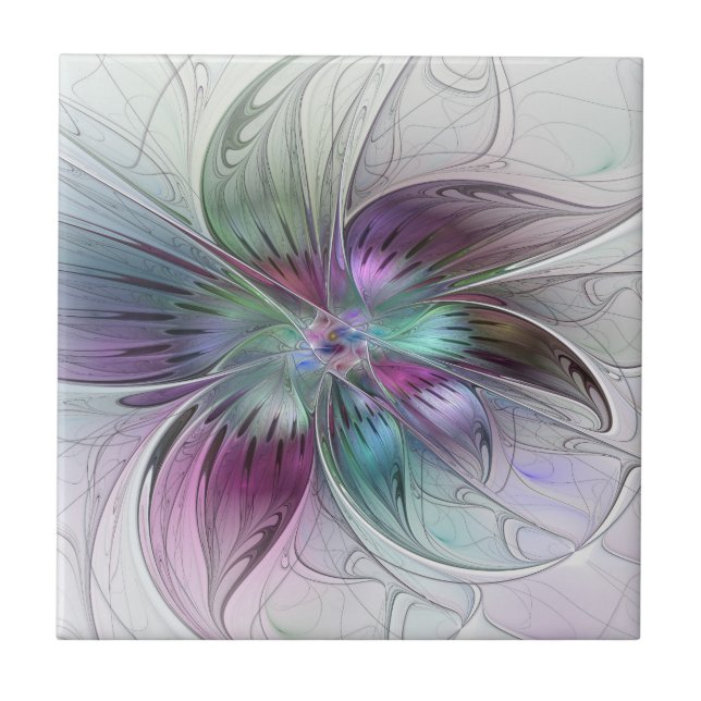 Colourful Abstract Flower Modern Floral Fractal Ar Tile (Front)