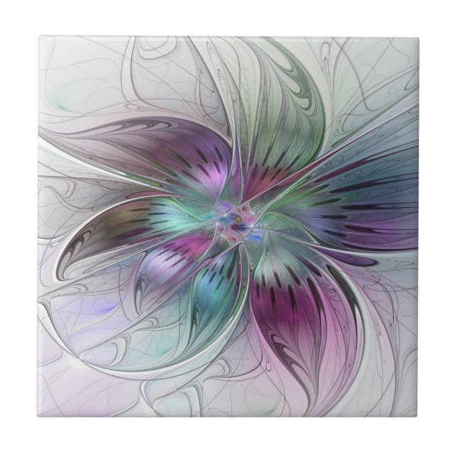 Colourful Abstract Flower Modern Floral Fractal Ar Tile (Front)
