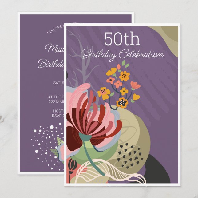Colourful Abstract Flowers Birthday Invitation (Front/Back)