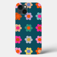 Colourful Abstract Flowers Navy Blue Retro Floral