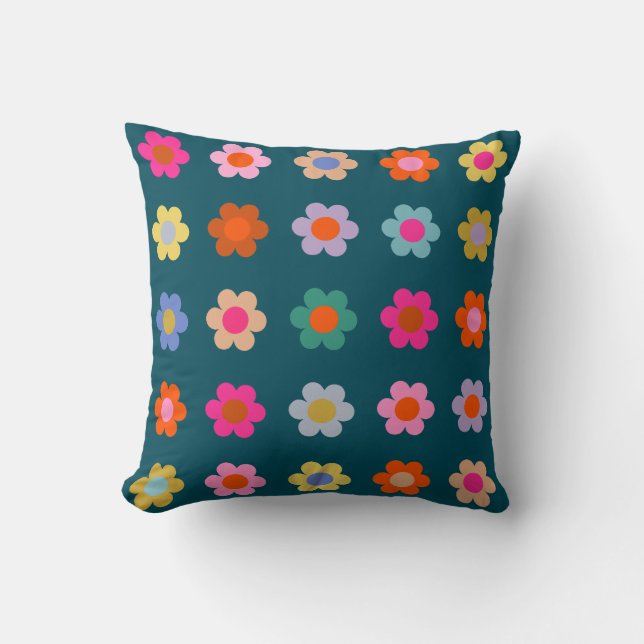 Colourful Abstract Flowers Navy Blue Retro Floral  Cushion (Front)