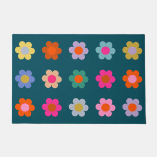 Colourful Abstract Flowers Navy Blue Retro Floral  Doormat