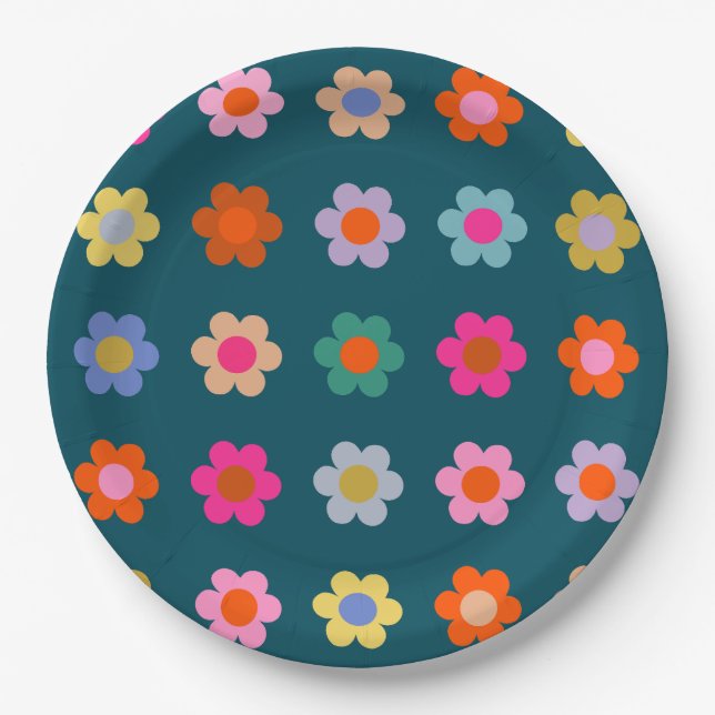 Colourful Abstract Flowers Navy Blue Retro Floral  Paper Plate (Front)