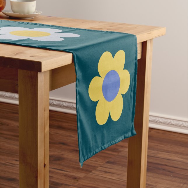 Colourful Abstract Flowers Navy Blue Retro Floral  Short Table Runner (In Situ)