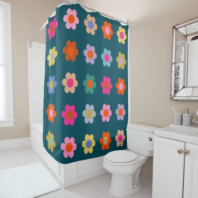 Colourful Abstract Flowers Navy Blue Retro Floral  Shower Curtain (In Situ)