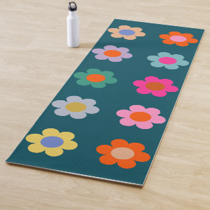 Colourful Abstract Flowers Navy Blue Retro Floral  Yoga Mat