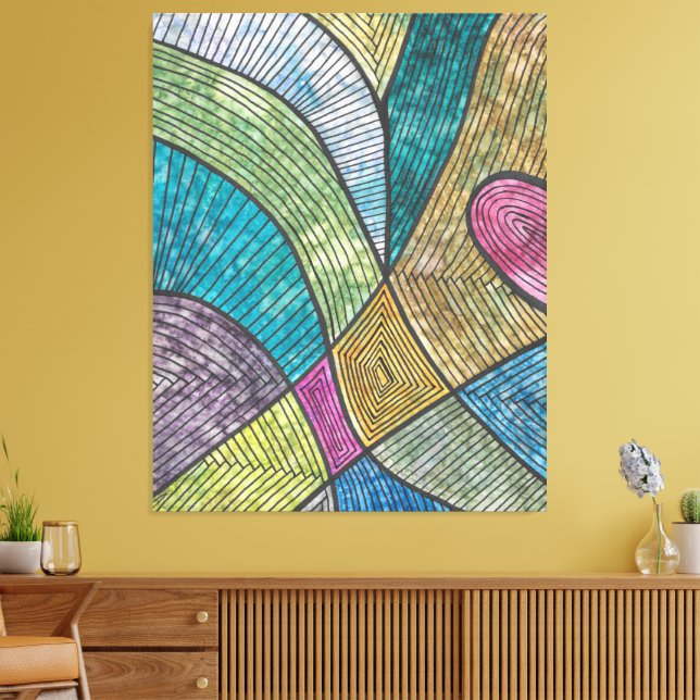Colourful Abstract Geometric Pattern Curved Lines Canvas Print (Insitu(LivingRoom))