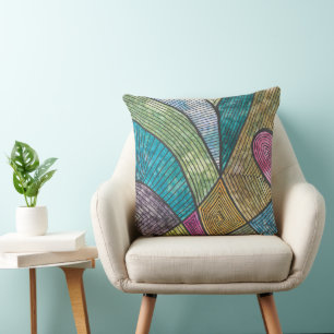 Colourful Abstract Geometric Pattern Curved Lines Cushion